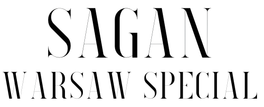 Typograficzne logo w kolorze czarnym na białym tle. Górny wiersz zawiera słowo "SAGAN", a dolny wiersz "WARSAW SPECIAL". Litery charakteryzują się bardzo cienkimi pionowymi liniami i grubymi elementami głównymi, co nadaje im nowoczesny, modowy charakter.